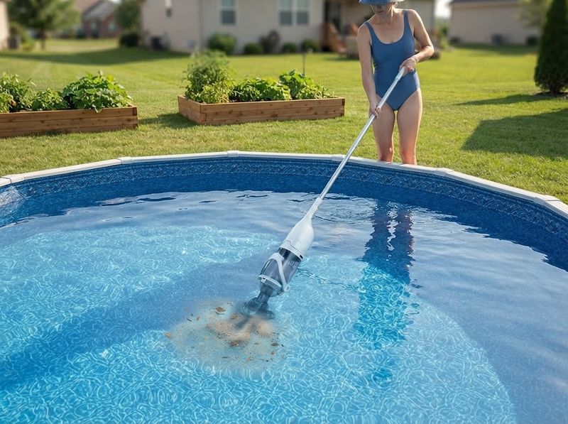 Handheld cordless pool vacuum on a telescopic pole cleaning an above-ground pool floor