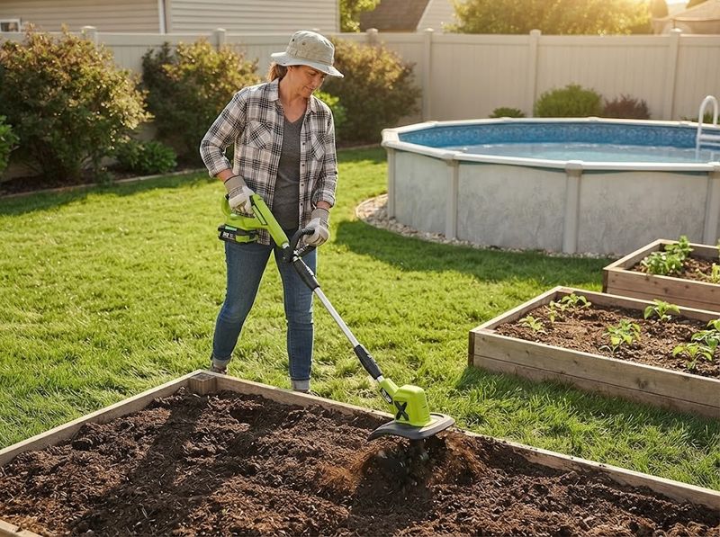 Compact cordless garden tiller turning dark soil in a wooden raised bed