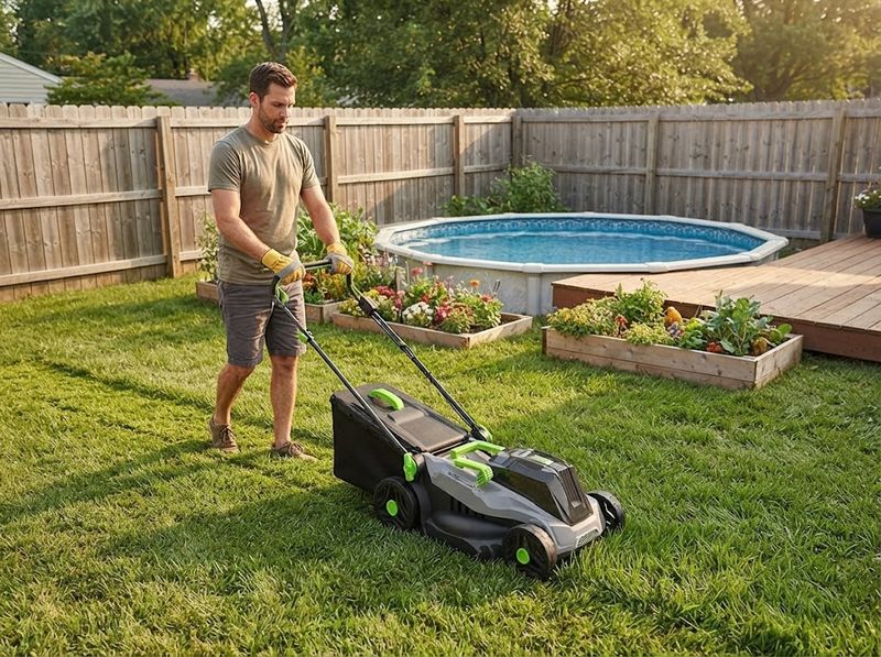 Cordless push mower cutting a dense patch of spring lawn in a small fenced backyard