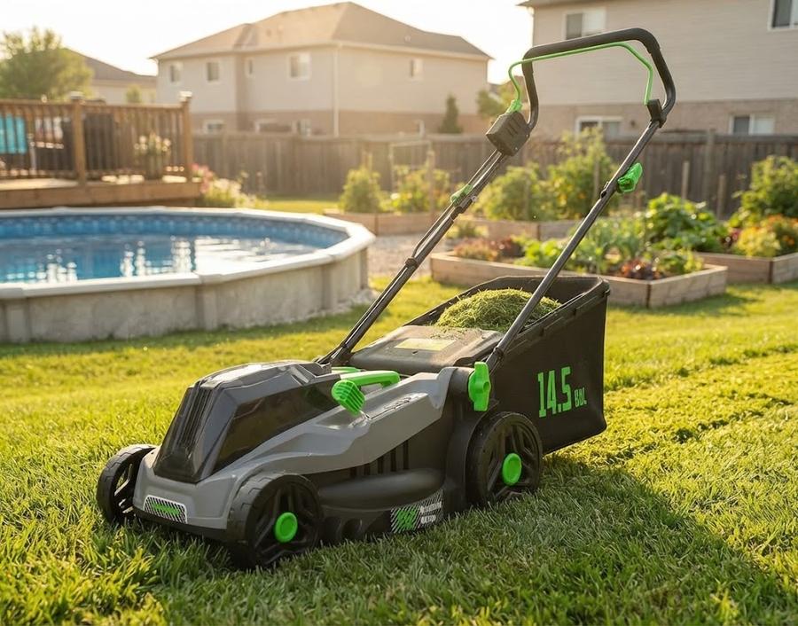Folded cordless push mower standing upright on its rear edge in a tidy garage corner